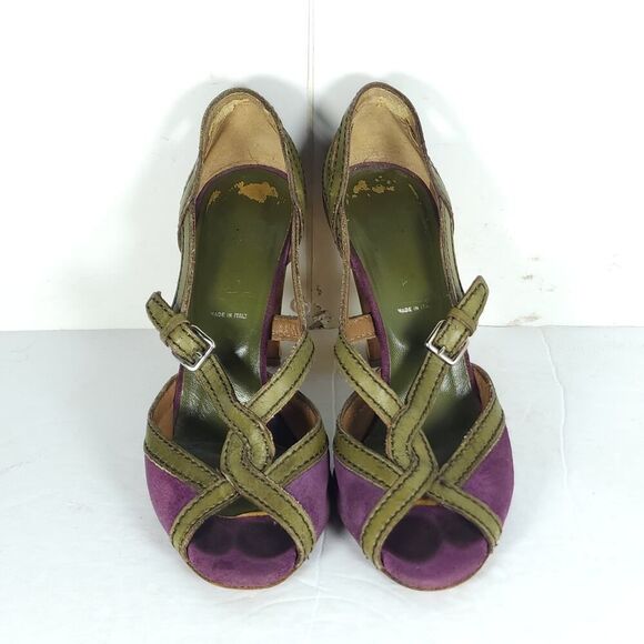 Prada Women's US6-6,5 EU37 Purple Multicolor Suede Leather Peep Toe Heels - Picture 4 of 16